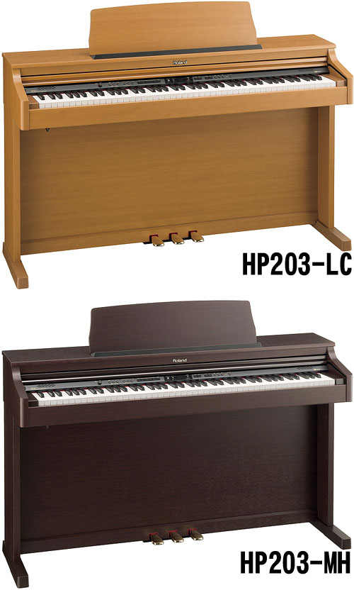 レッスンに欲しい機能をコンパクトに。音とタッチにもとことんこだわったHPシリーズのエントリー・モデル。
グランドピアノの一鍵一鍵の鳴りや響きの違いまでも忠実に再現する「88鍵ステレオ・マルチサンプリング・ピアノ音源」、「PHA II(プログレッシブ・ハンマー・アクション)鍵盤（エスケープメント付き）」など、音とタッチにこだわったHPシリーズのエントリー・モデル。奥行き約42cmのコンパクトなキャビネットは置き場所を選びません。メトロノームや録音機能などの豊富なレッスン支援機能で、気持ちよくレッスンやピアノ演奏をお楽しみいただけます。 

●フルコンサート・グランドピアノを徹底追求した「88鍵ステレオ・マルチサンプリング・ピアノ音源」。
迫力の低音域から、輝きのある高音域まで。ローランドピアノ・デジタルのピアノ音は、フルコンサート・グランドピアノの特性を徹底追求して創り上げた、88鍵ステレオ・マルチサンプリング・ピアノ音源です。世界の銘器と呼ばれるさまざまなグランドピアノの88鍵全てを一鍵一鍵サンプリングすることにより、鍵盤ひとつひとつの鳴りや響きの違いまでを忠実に再現。フルコンサート・グランドピアノそのもののサウンドを艶やかに響かせます。最大同時発音数は余裕の128音。ダンパー・ペダルを多用する曲や速いパッセージの曲も、余韻までしっかりと響かせます。

●ローランドの技術がかなえる豊かな表現力。
グランドピアノ特有の微妙なニュアンスを表現できるのが「ピアノ・レゾナンス」です。弦と弦の共鳴や、ダンパー・ペダルを踏んだときに生まれる美しい音の広がり、離鍵の速さで異なる余韻の変化をみごとに再現。ピアノとしての豊かな演奏表現力を備えています。
●グランドピアノさながらの音場感と奥行感。
まるでフルコンサート・グランドピアノを弾いているかのような、本体の大きさを超えた奥行き感を実現するのが「3Dサウンド・コントロール」。効果は、ヘッドホン装着時にも同様に得ることができます。合わせて、ピアノ音にメリハリをつけられる「ダイナミクス・サウンド・コントロール」を使用することで、アンサンブルの中でもピアノ音の粒立ちのよさを実感できます。
●奏者の気持ちに応える連続検出ペダル。
ダンパー・ペダルとソフト・ペダルは、ペダルの微妙な踏み加減を連続検出可能。ダンパーが弦に触れるか触れないかの状態のかすかな音の変化や、ダンパー・ペダルを徐々に踏み込んだときの音の伸び具合の変化など、ペダルを使った繊細な演奏表現を可能にします。
●自然なタッチと豊かな表現力の「PHA II（プログレッシブ・ハンマー・アクション）鍵盤」。
グランドピアノと同様、バネを使わずハンマーの重さだけで動く自然なタッチを実現しました。低音域はずっしり、高音域は軽やかな弾き心地。弱く弾いたときにはすっと沈み、強く弾いたときにはしっかりした手応えを感じるという、グランドピアノ特有のタッチを再現しています。また、進化したPHA II鍵盤では手応え感がさらにアップし、ピアニシモからフォルテシモまでの表現力がいちだんと豊かになりました。
●グランドピアノ特有のクリック感も。
鍵盤をゆっくり押さえると途中で抵抗感が増してからすっと軽くなるという、グランドピアノ特有のクリック感を再現したのがエスケープメント機構。より繊細なピアニシモなど豊かな表現をかなえます。
●タッチの差による繊細な表現力までも再現。
HP203では、軽い／標準／重いといったようにタッチの切り替えが可能。指の強さやレッスンの目的に合わせて、鍵盤のタッチ感を調節することができます。 また、鍵盤をそっと弾くほどハンマーがゆるやかに動いて発音のタイミングが微妙に遅れるというグランドピアノ特有の演奏感を再現（「ハンマー・レスポンス」）。タッチの差による繊細な表現をもたらします。
●インテリアとしても美しいキャビネット。
音やタッチと同様、デザインにもすみずみまでこだわっています。HPシリーズのキャビネットは、細部にまで木目調または同系色のパーツを用いることで、統一感のあるデザインにまとめました。カラーは落ち着きのあるマホガニー調、華やかな色味のライトチェリー調の2バリエーションをご用意しています。 もちろん、大型譜面立てや初心者にもわかりやすい日本語表示の操作パネル、ヘッドホン・フックなど、使いやすさにもしっかりとこだわっています。
●メトロノームやレコーダーなど、レッスンにうれしい機能が満載。
曲調やレッスンの目的に合わせてテンポや拍子を自由に変更できる、メトロノームを搭載。また、内蔵のレコーダーを使えば、弾きながら録音してその場ですぐに聴き直せるので、自分の演奏を客観的にチェックするのに便利です。
また、時間帯を気にせず演奏を楽しめるのもデジタルピアノならでは。ローランドピアノ・デジタルは全機種でボリューム調整やヘッドホンの使用が可能です。オプションのヘッドホンなら、周囲の音を遮断することで練習に集中できる密閉型、長時間弾いても耳が疲れにくい開放型など、レッスンの目的に合わせてお選びいただけます。ヘッドホンは2つつなげるので連弾や親子での練習に便利です。
●演奏の幅を広げる、さまざまな楽器音。
ピアノ音以外にも、バイオリンやビブラフォンなど、高品位な楽器音を豊富に内蔵。曲に合った楽器音で奏でれば、イメージがぐんと広がります。楽器音にふさわしい短いフレーズを収録した音色デモ曲も内蔵しているので、その楽器音で演奏したときのイメージをつかむのに役立ちます。
さらに、2種類以上の楽器音を重ねて弾ける「デュアル（レイヤー）」機能で豊かなハーモニーを楽しんだり、鍵盤を左右の領域に分割、それぞれ違う楽器音で鳴らせる「スプリット」機能を使って、一人でアンサンブル演奏を楽しんでみましょう。例えば、ピアノ音にストリングス（バイオリンなどの弦楽器）の音を重ねて美しい厚みを持たせたり、右手をピアノ、左手をベースにしてジャズのナンバーを奏でたり。いつもの曲も違った気分で楽しむことができます。
●幅広いジャンルの曲をお手本に、弾きたい曲にどんどんチャレンジ。
HP203には、ピアノ練習曲をはじめ、クラシック、ポップス、アニメ曲など、幅広い音楽ジャンルの曲を内蔵。お部屋にピアノがきたその日から、弾きたい曲にトライできます。さらにインターネットからダウンロードしてUSBメモリーに保存したミュージックデータの再生も可能なので、多彩な曲をお手本にレパートリーを広げることができます。
また、HPシリーズは市販のUSB CDドライブの接続が可能。お手持ちの音楽CDを再生させながら、憧れの曲でレッスンが行えます。さまざまな曲に合わせて弾くことで、楽しみながら上達できるだけでなく、リズム感も自然に養われます。 
●オーケストラやバンドとの共演気分で、レッスンを楽しく。
内蔵曲やミュージックデータの活用で、効果的なレッスンが手軽に実現します。例えば、右手／左手／伴奏といったパートごとの再生ができるので、内蔵のピアノ練習曲の左手パートをミュート（消音）して右手パートだけを再生させれば、苦手な左手をじっくり練習できます。オーケストラやバンドの曲も多数内蔵しているので、迫力の伴奏をバックに演奏を楽しむことも。また、キーはそのまま、テンポの変更もできるので、初めての曲はお手本演奏をゆっくり再生させるなど、自分のペースで練習が進められます。さらにお手持ちの音楽CDの曲も「センター・キャンセル機能」でメロディを消して再生、一緒に弾けば、お気に入りのアーティストとの共演気分が味わえます。
●マンツーマンでのレッスンに最適。「ツインピアノ・モード」
お子さまとのマンツーマン・レッスンなら「ツインピアノ・モード」がぴったりです。鍵盤を、それぞれ同じ音域の左右2つの領域に分割（スプリット）できるので、となりで弾いてもらうお手本も聴き取りやすく、練習がスムーズ。さらに左右のペダルは、それぞれの鍵域に対応したダンパー・ペダルとして使用できます。